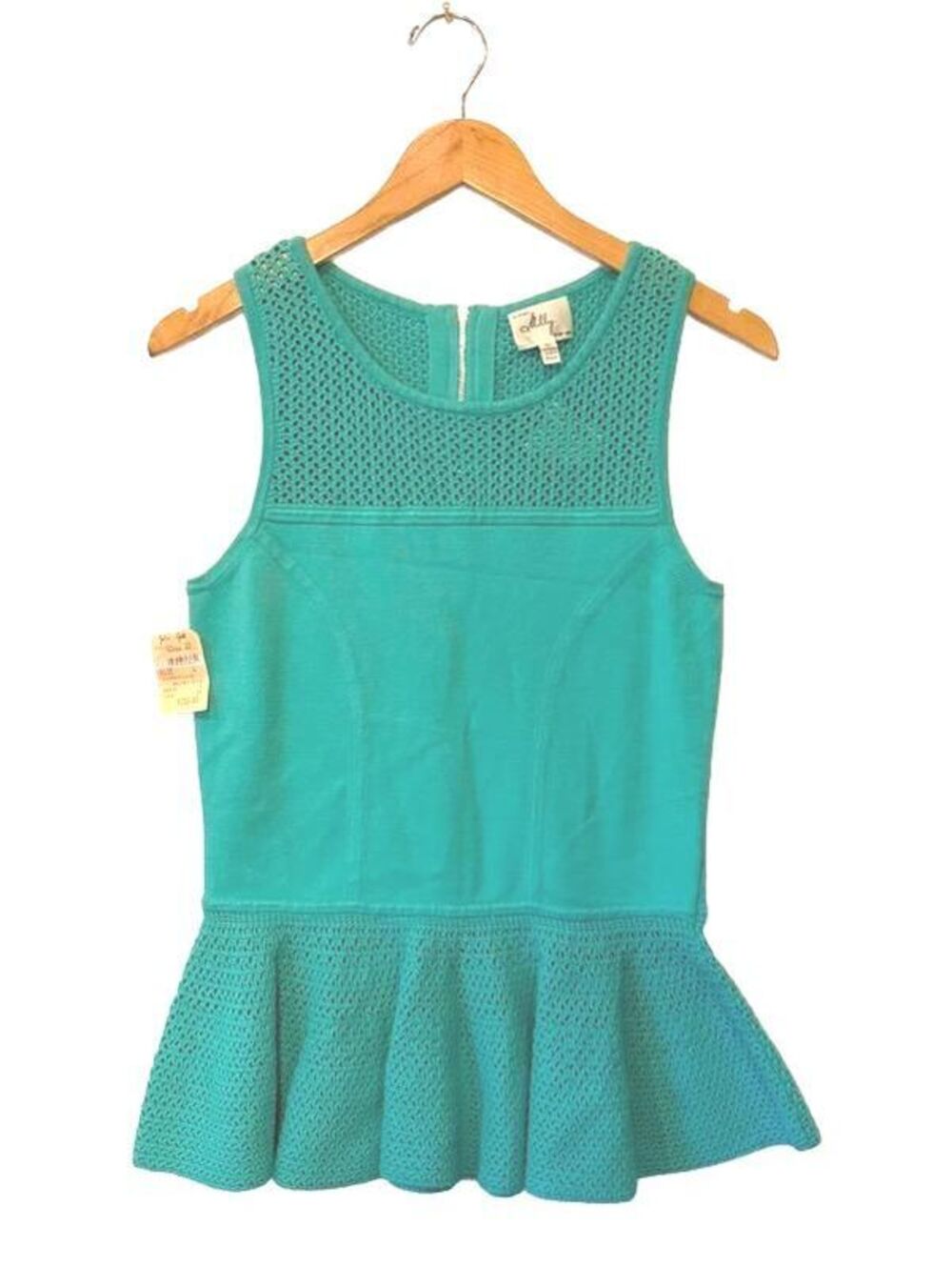 Milly New York Rainey Peplum Top L Aqua Crochet Knit NWT